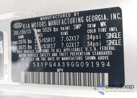 2016 Kia Sorento 2.4L Lx z USA, uszkodzony, nr VIN 5XYPG4A39GG091994